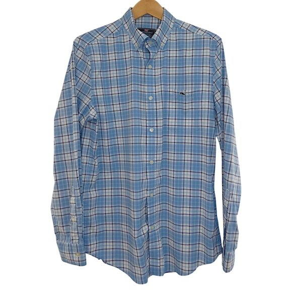 Vineyard Vines Blue Plaid Tech Shirt Men M Preppy Travel Golf Coastal Resortwear - Picture 1 of 7